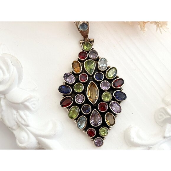 Rainbow Gemstone Art Deco Marquise Shaped Sterling Silver 925 Vintage Pendant - Picture 2 of 10